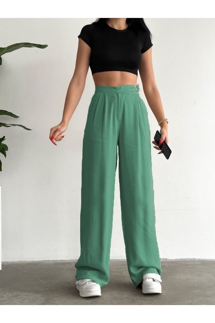Turquoise Belted Palazzo Linen Trousers High Waist