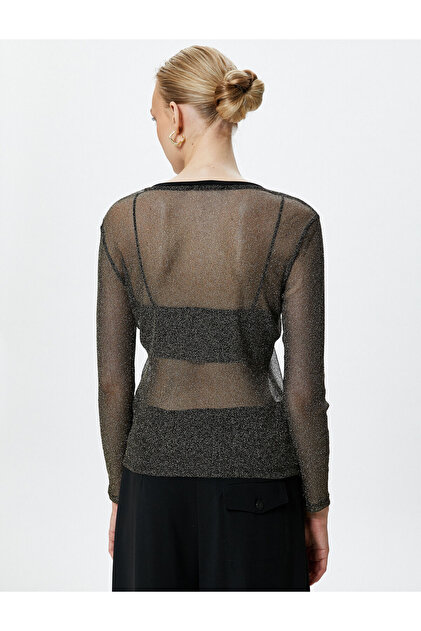 【ゆきねこ】Cotton-blend Voile Sheer Shirt Koton Transparan Tişört Simli Uzun Kollu Bisiklet Yaka - Fiyatı