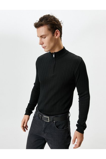 Half Zipper Sweater High Collar Textured Long Sleeve