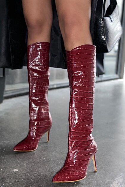 Karen Burgundy Croc Pattern Thin Heeled Women's Boots