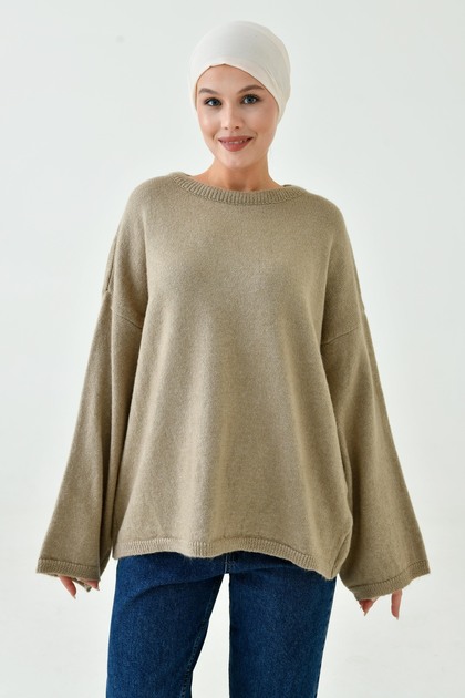 Women's Off-Shoulder Spanish Sleeve Crew Neck Long Sleeve Mink Oversize Knitwear Hijab Sweater 4091