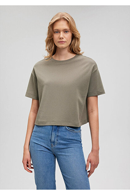 Mavi Bisiklet Yaka Yeşil Basic Crop Tişört Oversize / Geniş Kesim