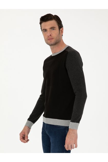 Black Slim Fit Cotton Blend Crew Neck Knitwear Sweater 50272470-Vr046