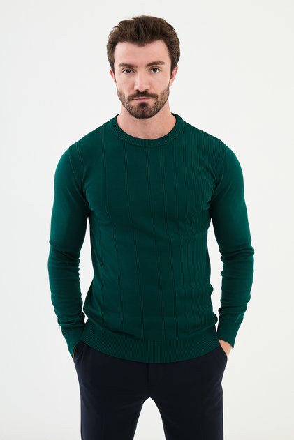 Striped Slim Fit Crew Neck Men's Knitwear Sweater Emerald - 11507.24K