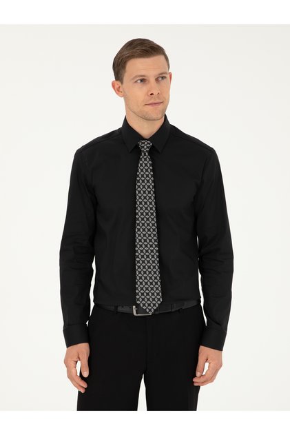 Black Slim Fit Cotton Blend Classic Shirt 50292265-Vr046