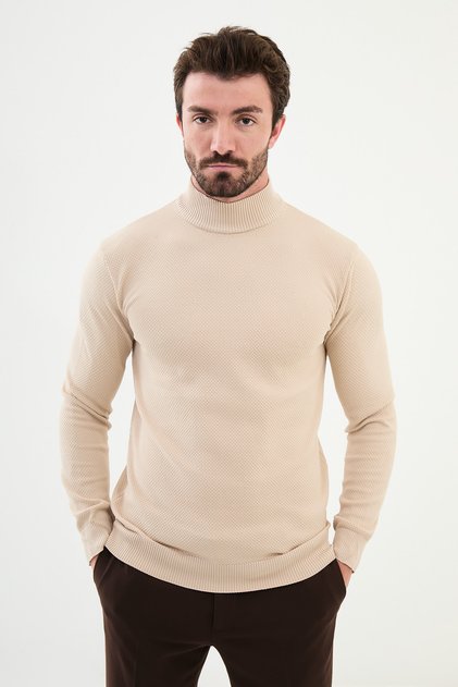 Textured Slim Fit Half Turtleneck Men's Knitwear Sweater Beige - 11500.24K