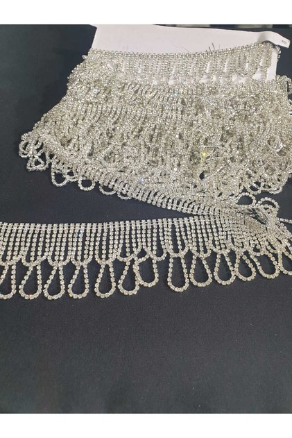 İki Katmanlı Taş Detaylı Dekoratif Şerit Saçak Şerit Taş Püskül Giyim Aksesuar Aplike Hobi