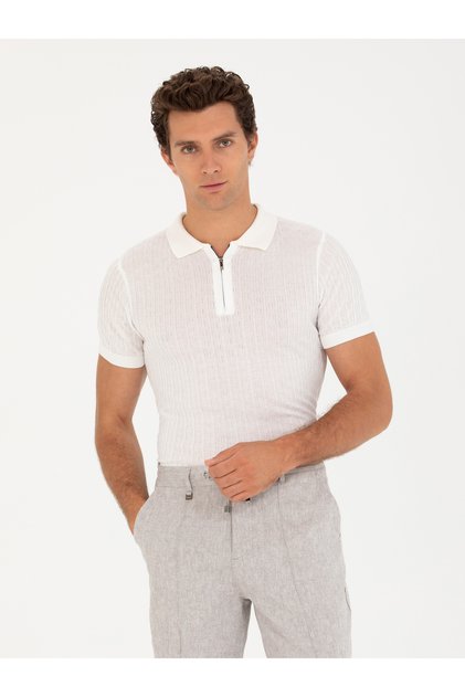 White Slim Fit Polo Neck Knitwear T-Shirt 50265894 -Vr013