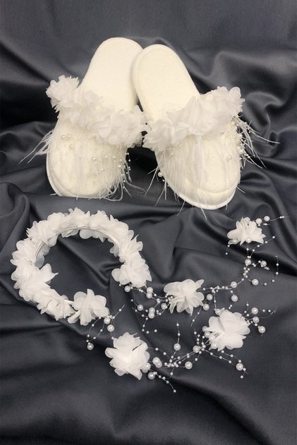 Feathered Pearled Maternity Slippers and Floral Crown