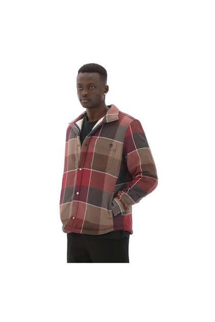 B0A6Ux2Eif1-R Timberland Sherpa Lined Plaid Overshirt Men's Jacket Red