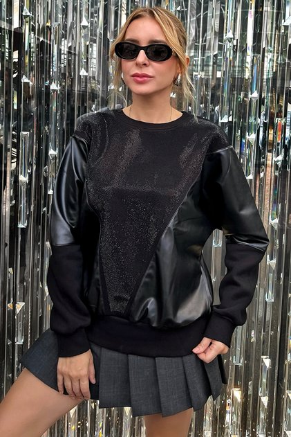 Oversize Loose Cut Leather and Crystal Stone Detailed Plus Size Three Thread Cotton Comfortable Stylish Black Women's Sweatshirt
