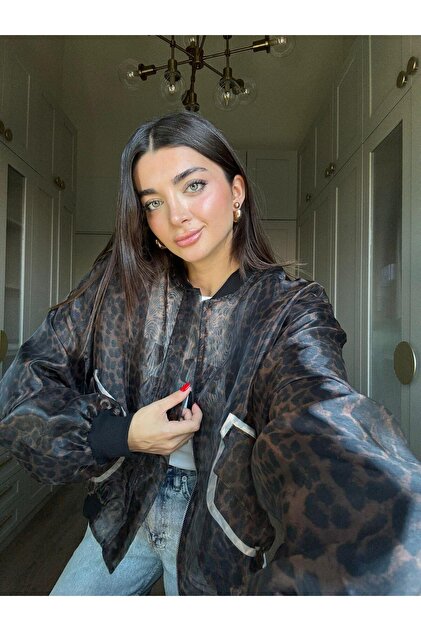 HARMONY GLOBAL Kadın Kahverengi Leopar Desenli Organze Bomber