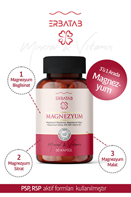 Magnezyum 3 Lü Form (BİSGLİSİNAT, SİTRAT, MALAT) & Vitamin B2 , B3 , B6 - 60 Kapsül