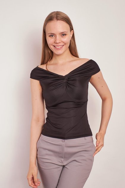 Lycra Light Shiny Fabric Madonna Collar Front Knotted Body Blouse-Black