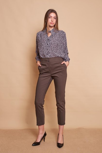 Patterned V-Neck Front, Pleated Shoulders, Long Sleeve, Lycra-Free Stylish Fabric Shirt - Beige Pattern