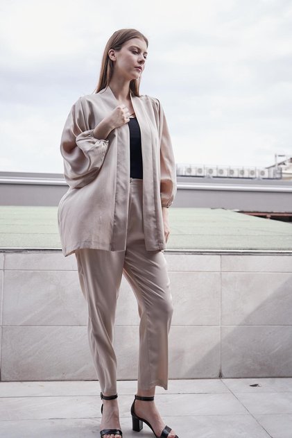 100% Iyocell Flowy Stylish Fabric Flowing Non-See-Through Smart Summer Trousers (Cardigan Jument 60053)-Stone