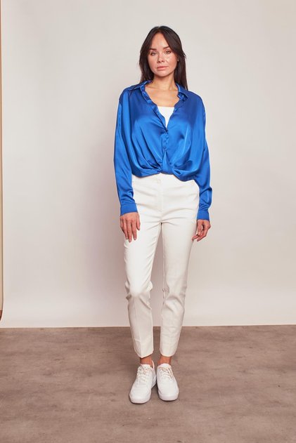 Lycra-free Satin Fabric Collared Front Pleated Long Sleeve Shirt-Sax
