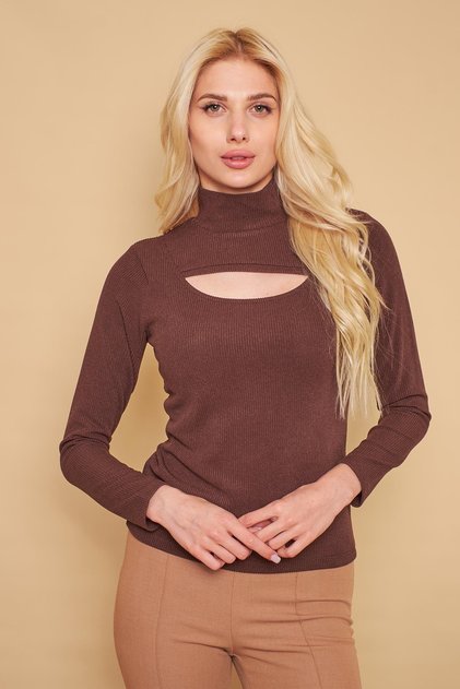 Half Turtleneck Long Sleeve Light Lycra Knitwear Blouse-Brown