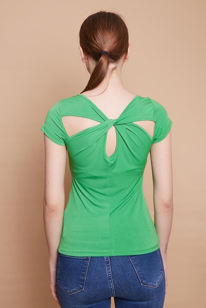 Stretch Fabric Crepe Fabric Balen Collar Gathered Body Blouse-B.Green