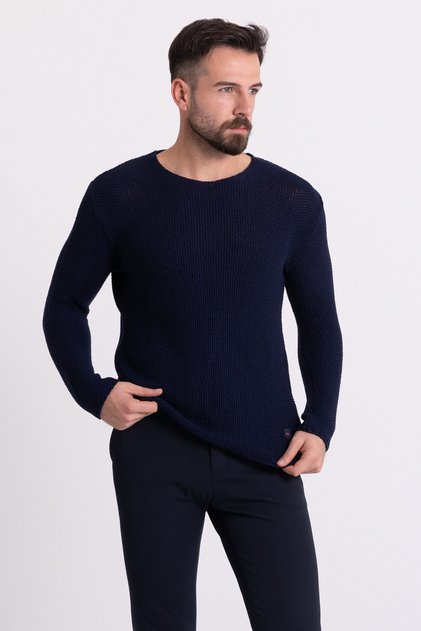 Lase Slim Fit Bisiklet Yaka Uzun Kollu Erkek Triko Kazak Lacivert - 11348.20K