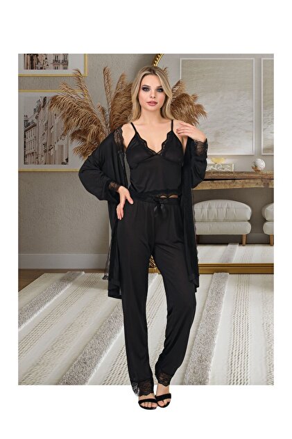 İzabel Kadın Siyah Dantelli 3'lü Pijama Takımı – Askılı Üst