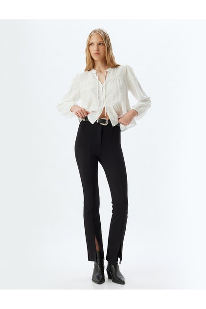Spanish Style Leggings Pants Ribbed High Waist Slim Fit with Slit Detail