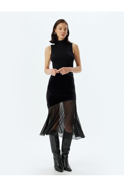 Midi Length Asymmetrical Cut Frilly Tulle Detailed Velvet Skirt