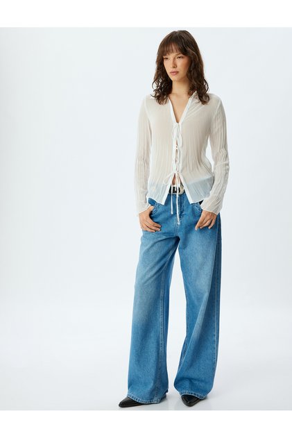 Transparent Chiffon Shirt with Front Tie and Bow Detail, Long Sleeves