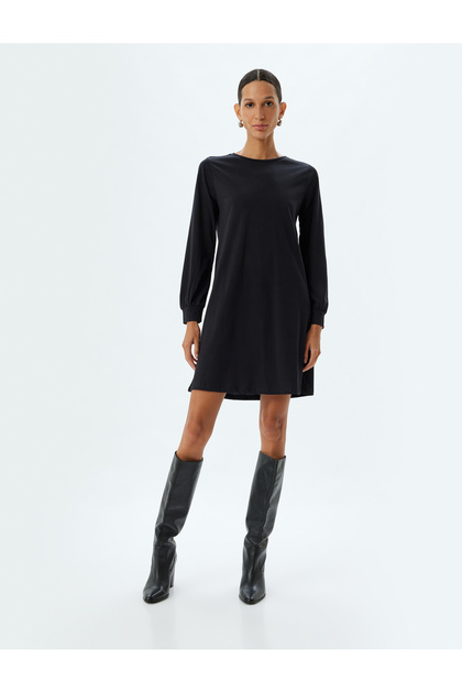Rochie mini cu manșete, mânecă lungă, decolteu rotund, din bumbac