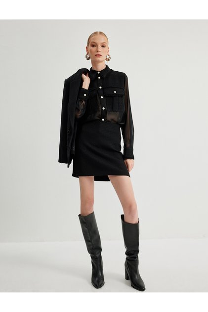 Semi Transparent Tulle Shirt Tweed Detailed Cap Long Sleeve with Pocket Pearl Button Detail
