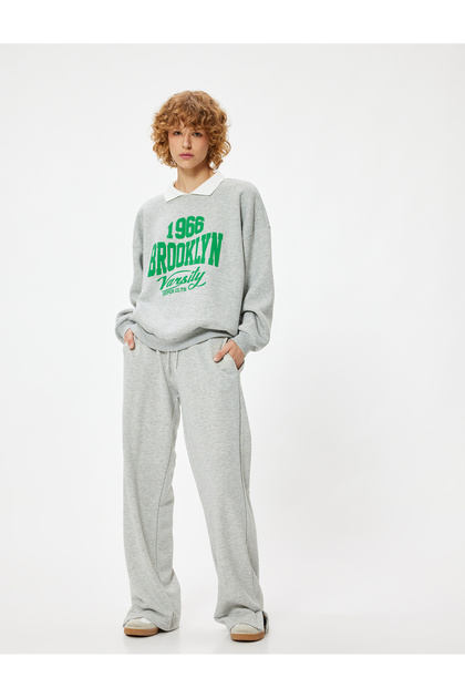 Şardonlu Polo Yaka Sweatshirt Oversize Kolej Baskılı Uzun Kollu