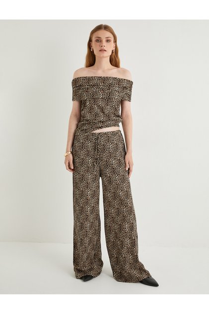 Leopar Desenli Pantolon Wide Leg Beli Bağcıklı Relax Fit Bürümcük
