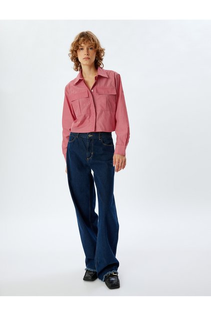 Crop Shirt Long Sleeve Classic Collar Buttoned Pocket Detail
