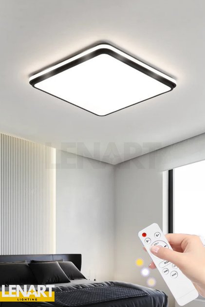 Kare Model Led Çerçeveli Siyah Avize Kumandalı 3 Renk Aydınlatmalı Tavan Led Avize, Tavana Yapışık Avize