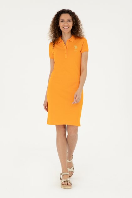 Women's Orange Polo Neck Mini Length Knitted Dress 50280069-Vr051
