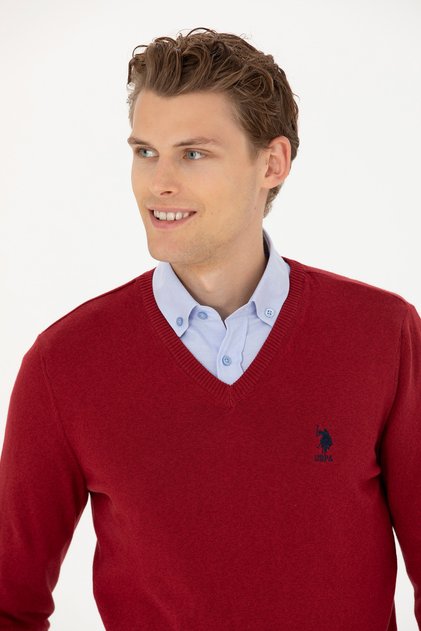 Men's Burgundy V-Neck Sweater 50277106-Vr014