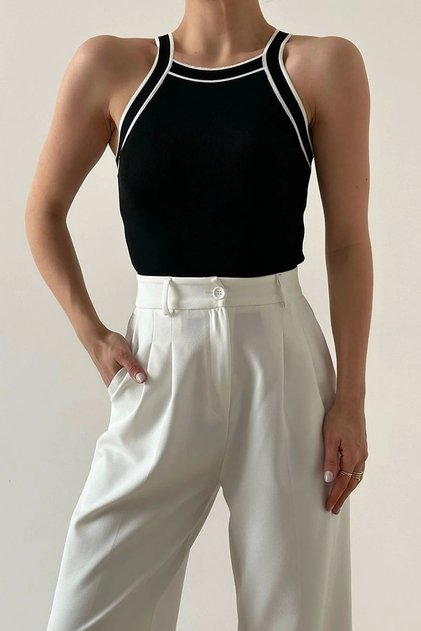 Sleeveless Contrast Black Knitwear Athlete Crop Blouse Halter Neck