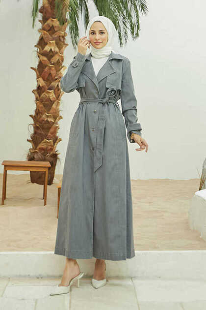 6458-Allerli Denim Trençkot Gri