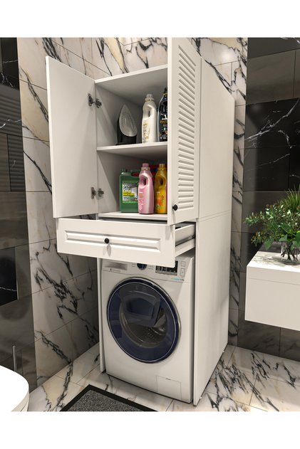 Panjur Kapaklı Çekmeceli Ve Raflı Çamaşır Makinesi Dolabı I Beyaz