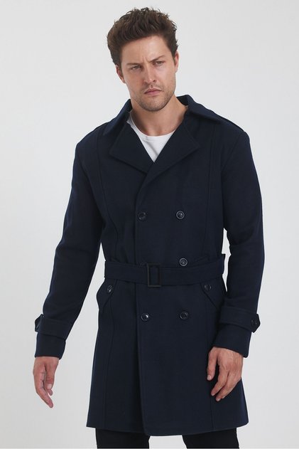 Men's Navy Blue Double Breasted Collar Long Slim Fit Stamp Coat