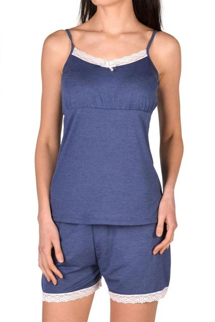 Women's Shorts Pajama Set with Rope Straps and Lace Blue