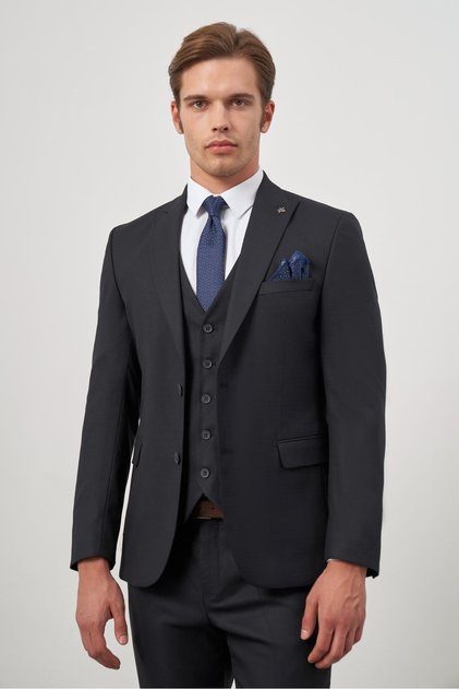 Navy Blue Swallow Collar Vest 6 Drop Slim Fit Full Lining Wool Suit 1001245156