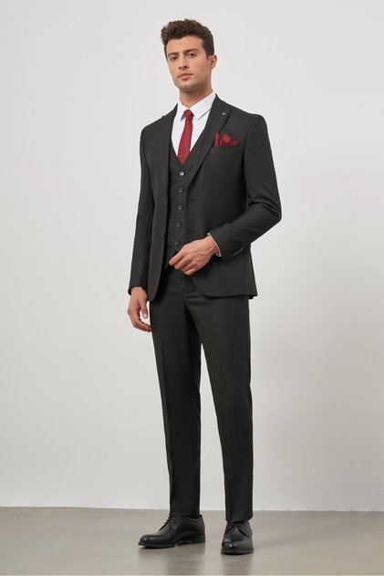 Black Swallow Collar Striped Vest 6 Drop Slim Fit Full Lining Wool Suit 1001245153