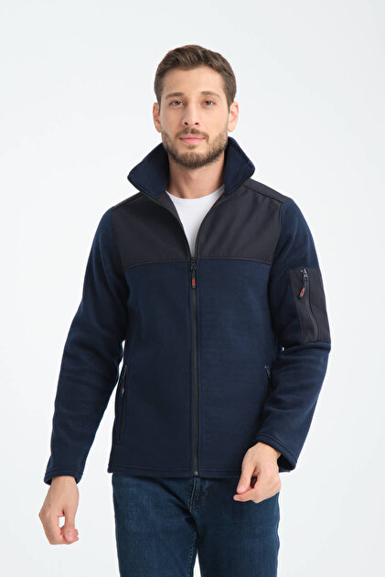 Jachetă pentru bărbați cu fermoar complet Softshell cu secțiuni fleece, cu 3 buzunare, rezistentă la apă și vânt.