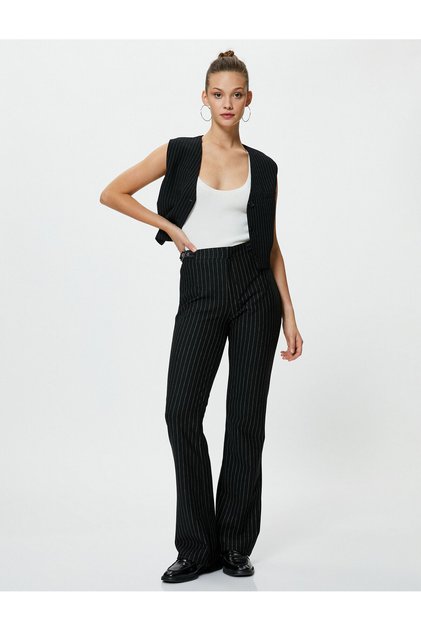 Flared Leg Fabric Trousers High Waist Half Belt Detailed