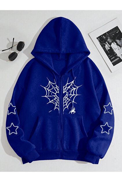 modaberry Yıldız Örümcek Ağ Sweatshirt Fermuarlı Hırka - Sax Mavi
