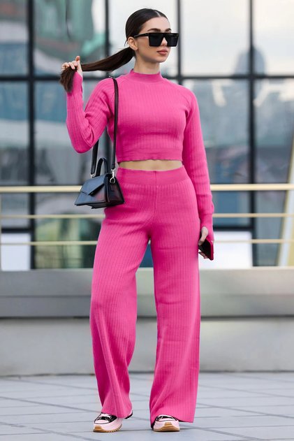 Fuchsia Women's Half Fisherman Knitted Crop Sweater Trousers Knitwear Top and Bottom Set