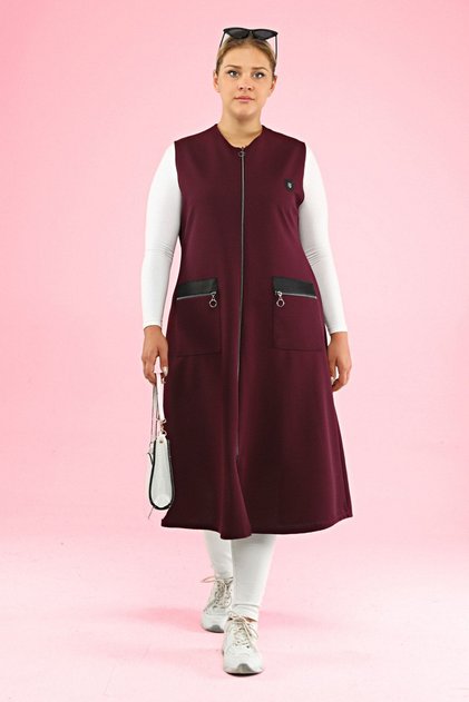 Women's Long Sleeveless Zippered Vest with Leather Pockets Ottoman Plum