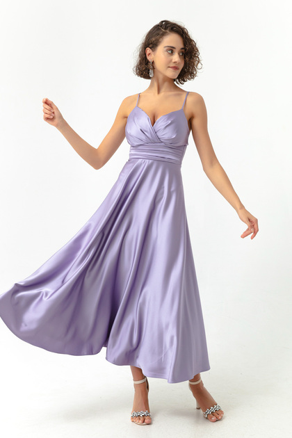 Lafaba Women's Lilac Rope Strap Waist Belted Satin Midi Evening Dress & Graduation Dress- Trendyol Lafaba Women's Lilac Rope Strap Waist Belted Satin Midi Evening Dress & Graduation Dress- Trendyol