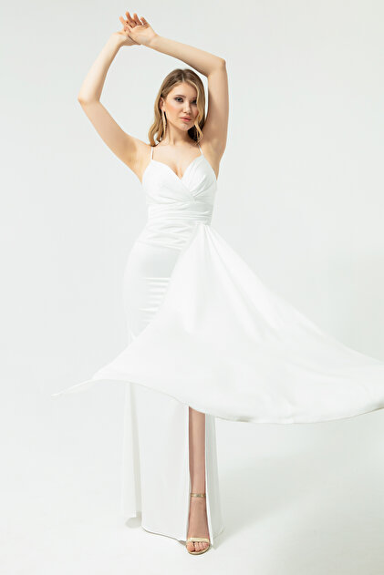 Lafaba Women's White Strap Long Satin Evening Dress & Graduation Dress- Trendyol Lafaba Women's White Strap Long Satin Evening Dress & Graduation Dress- Trendyol
